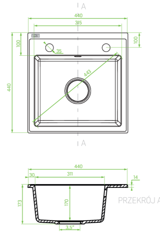 Νεροχύτης γρανίτη Laveo - Trzynastka 44x44 - Image 2